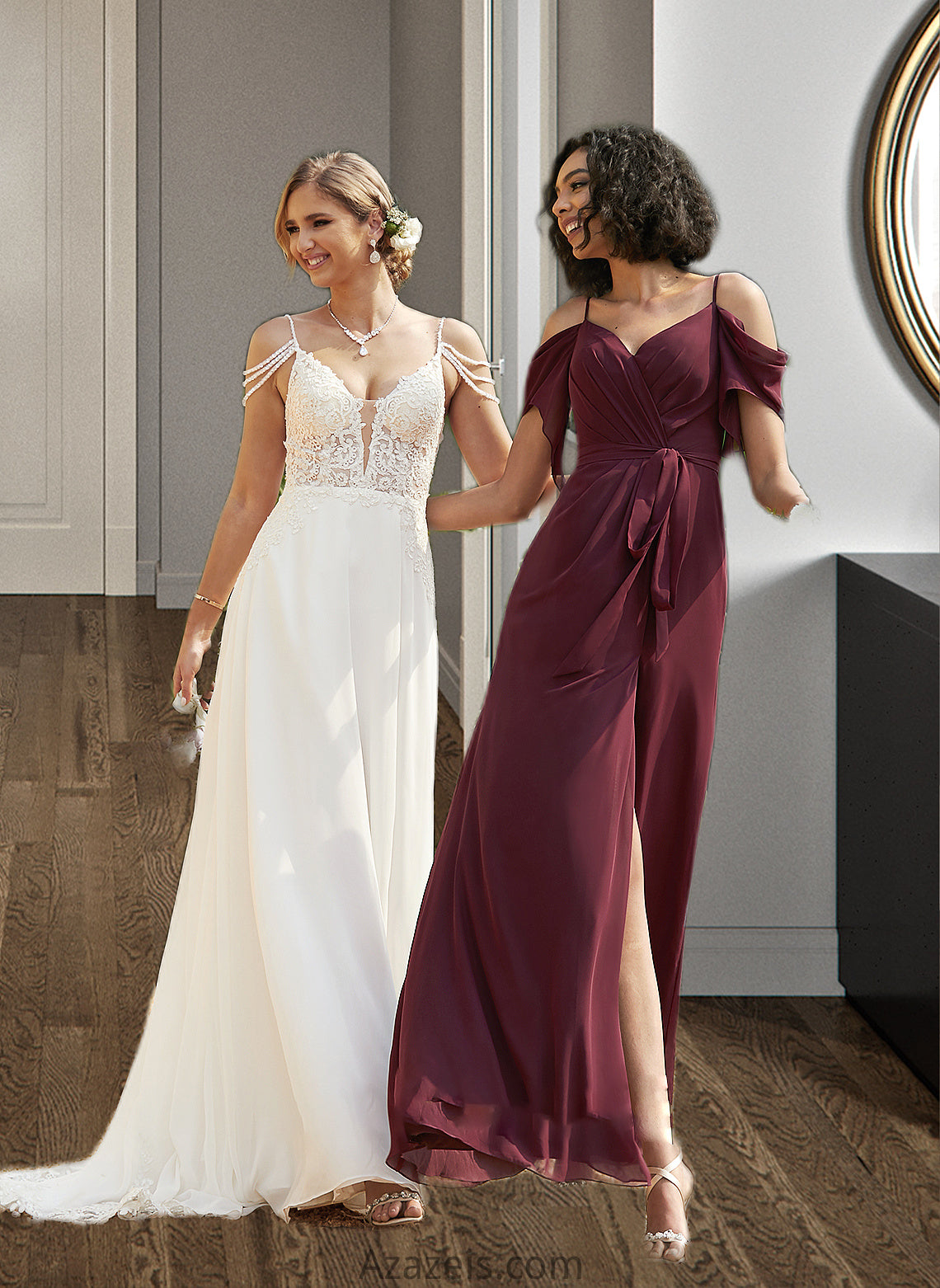 Thea A-Line V-neck Sweep Train Chiffon Lace Wedding Dress With Beading Sequins DFP0013681