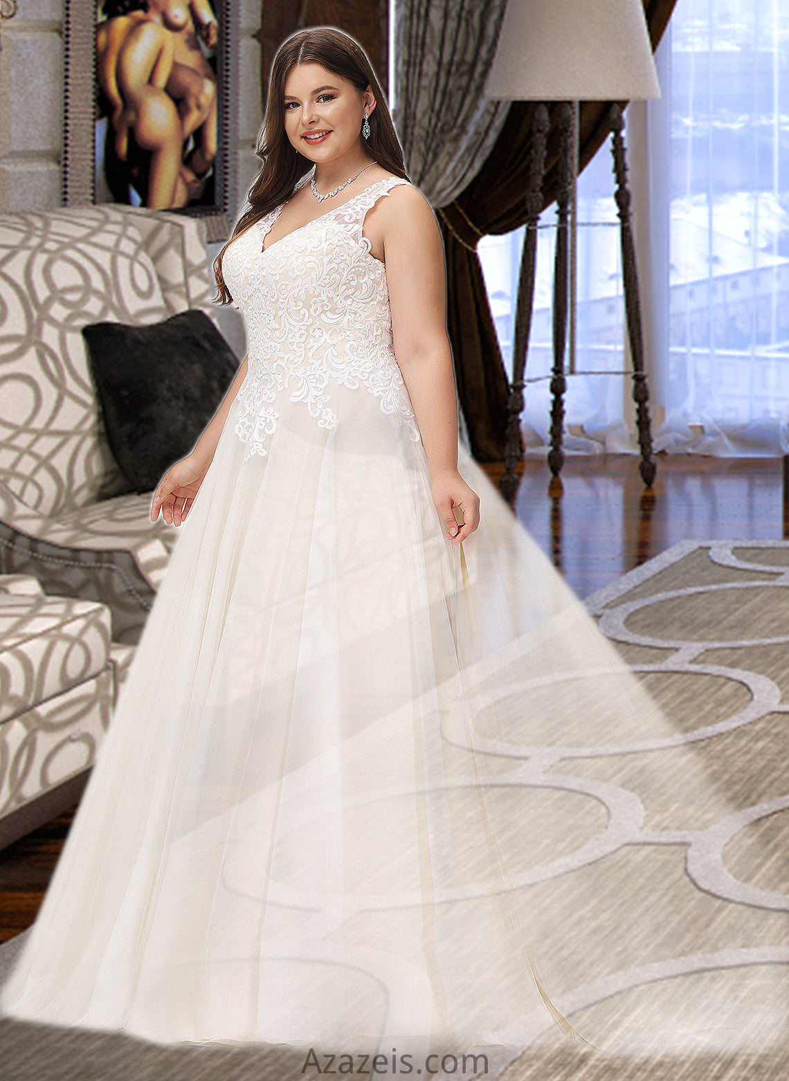 Raven Ball-Gown/Princess V-neck Court Train Tulle Wedding Dress DFP0013682