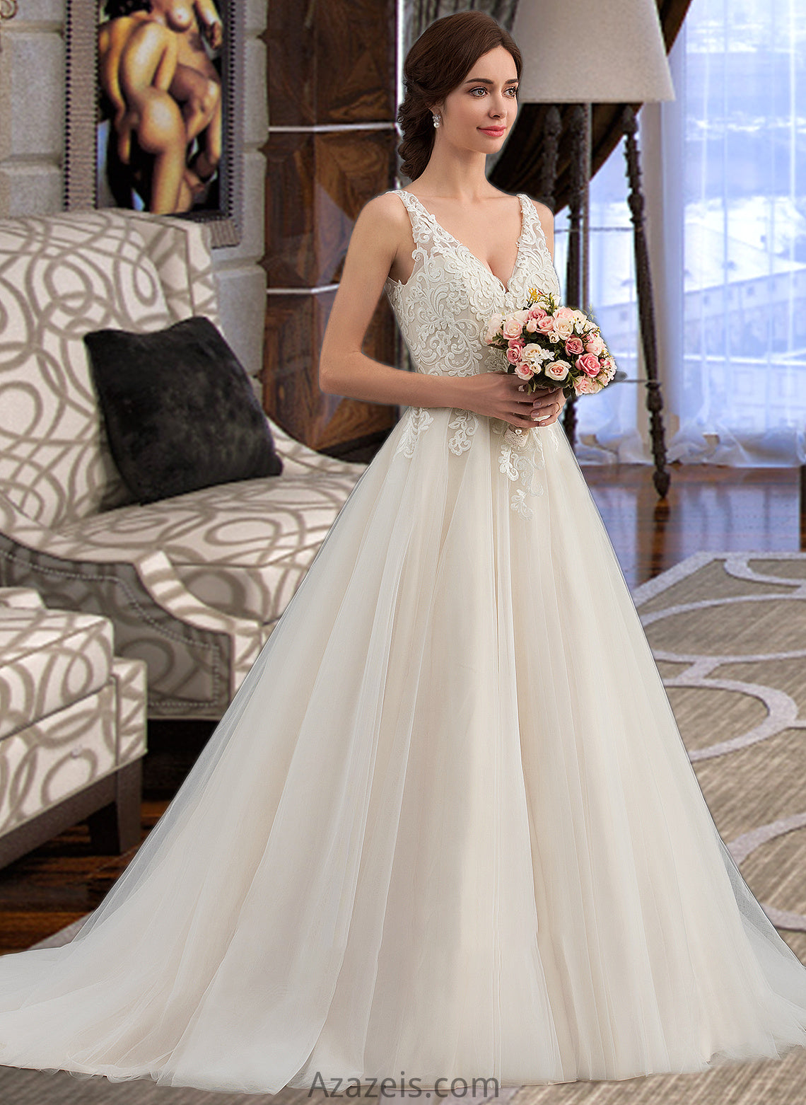 Raven Ball-Gown/Princess V-neck Court Train Tulle Wedding Dress DFP0013682