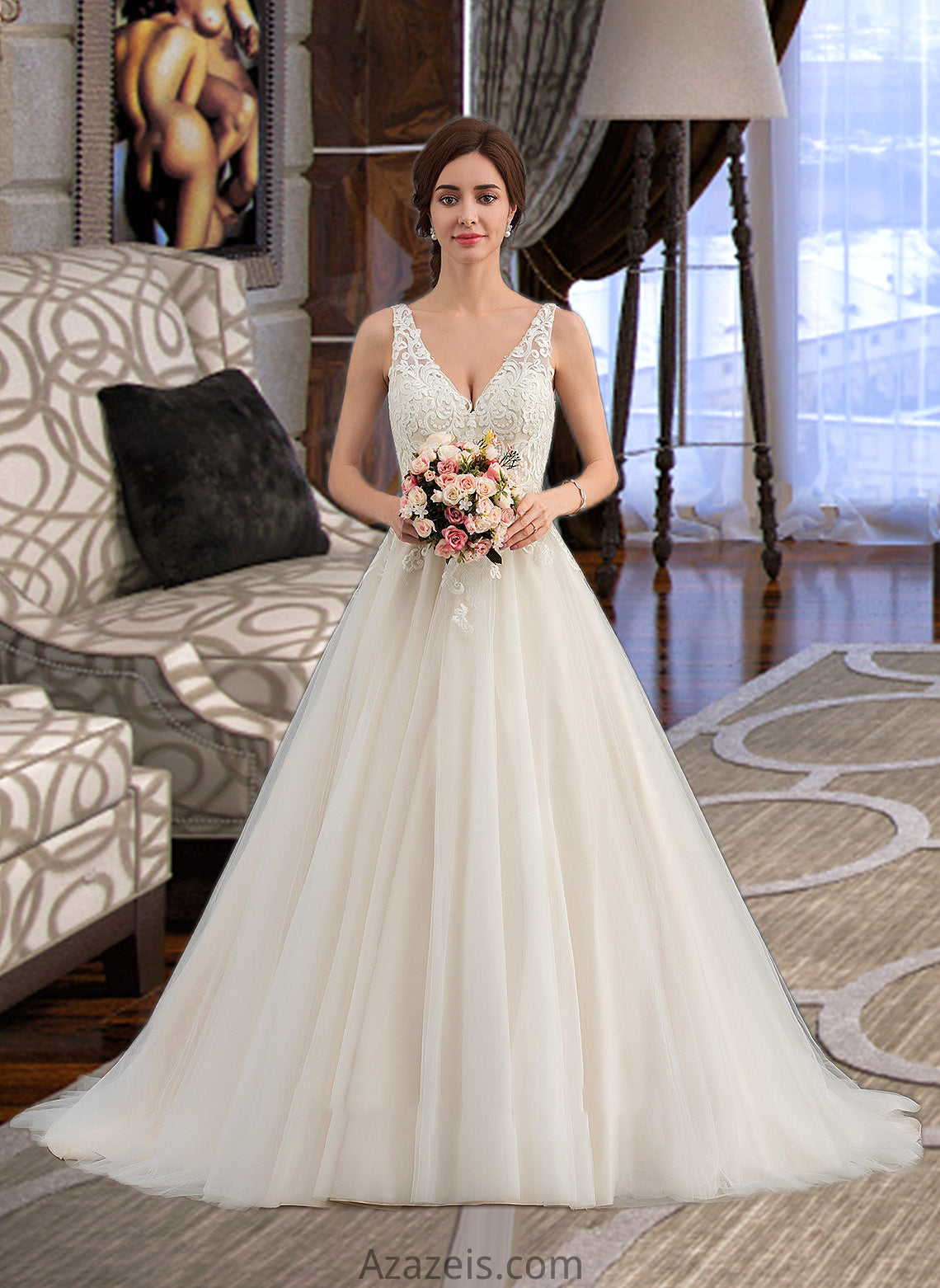 Raven Ball-Gown/Princess V-neck Court Train Tulle Wedding Dress DFP0013682