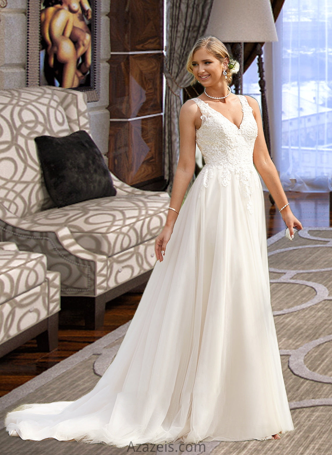 Raven Ball-Gown/Princess V-neck Court Train Tulle Wedding Dress DFP0013682