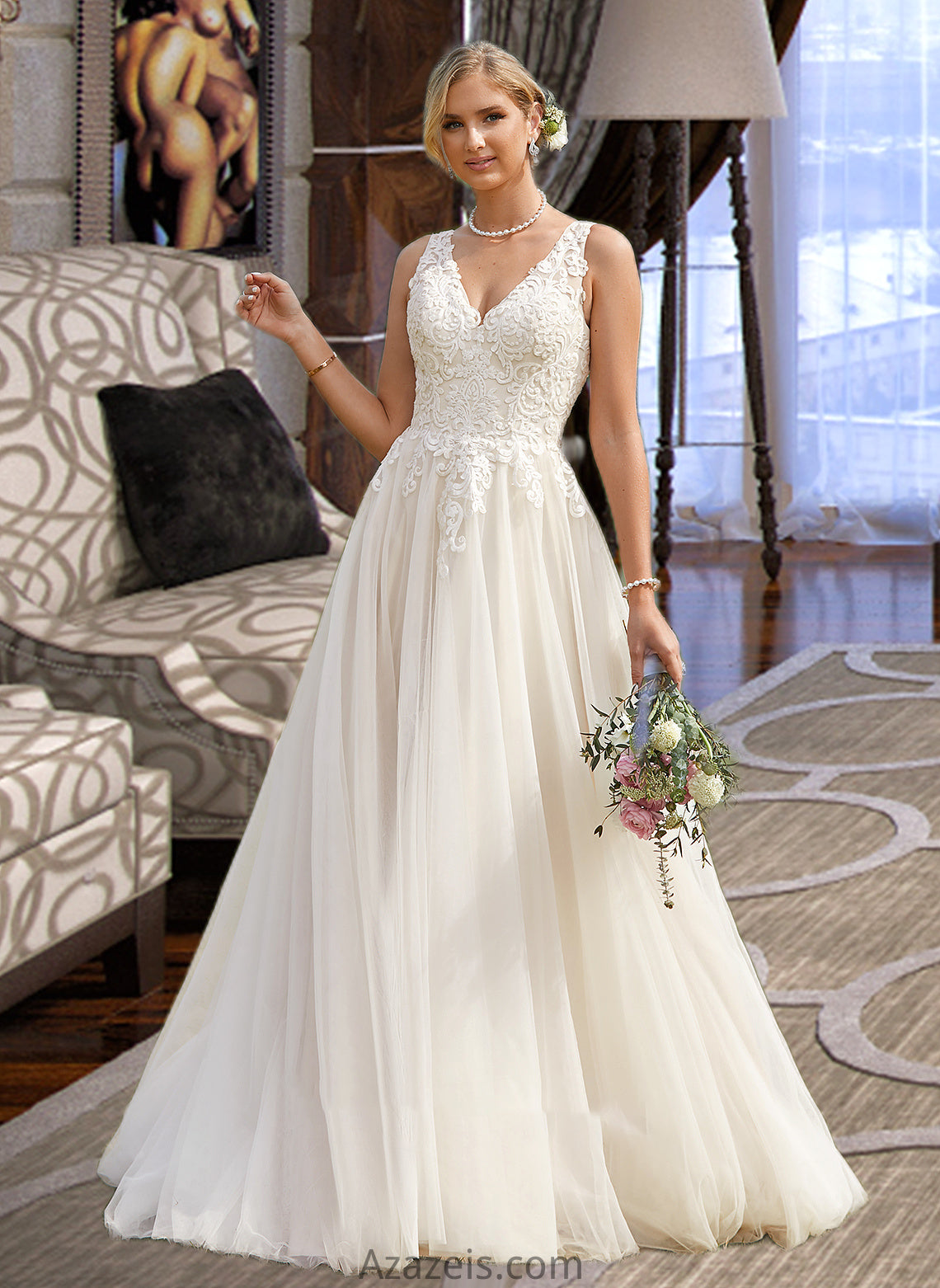 Raven Ball-Gown/Princess V-neck Court Train Tulle Wedding Dress DFP0013682