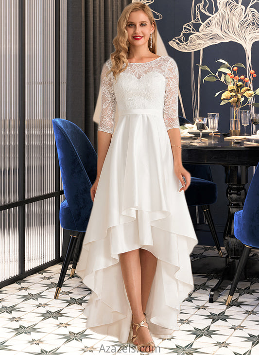 Angeline A-Line Scoop Neck Asymmetrical Satin Lace Wedding Dress DFP0013684