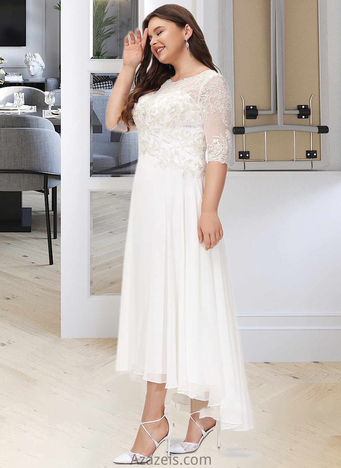 Natalie A-Line Scoop Neck Asymmetrical Chiffon Wedding Dress With Beading Sequins DFP0013686