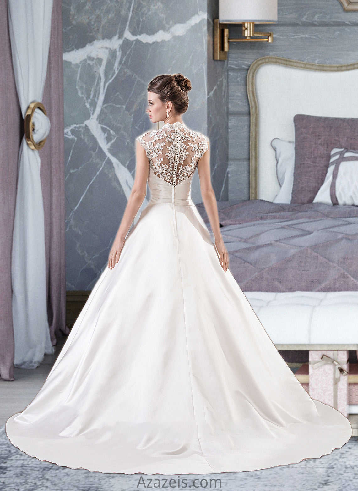 Madeleine Ball-Gown/Princess V-neck Court Train Satin Lace Wedding Dress With Ruffle DFP0013688