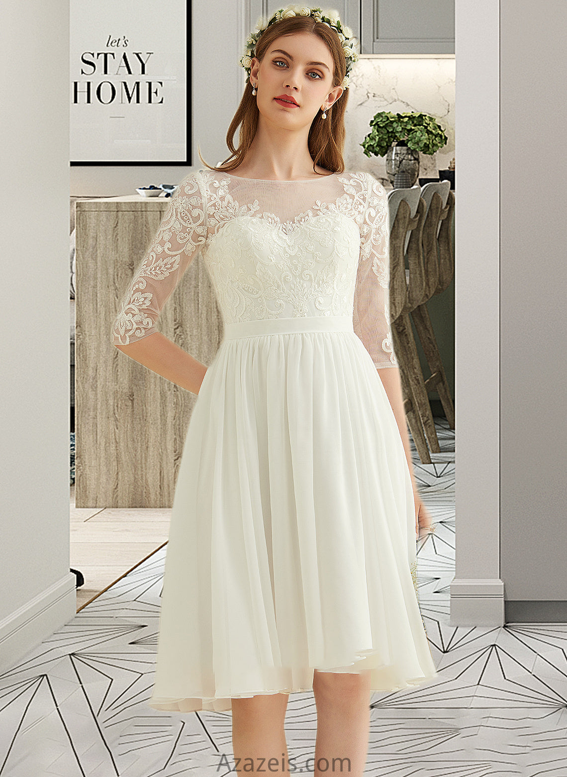 Dalia A-Line Knee-Length Chiffon Lace Wedding Dress With Sequins DFP0013689