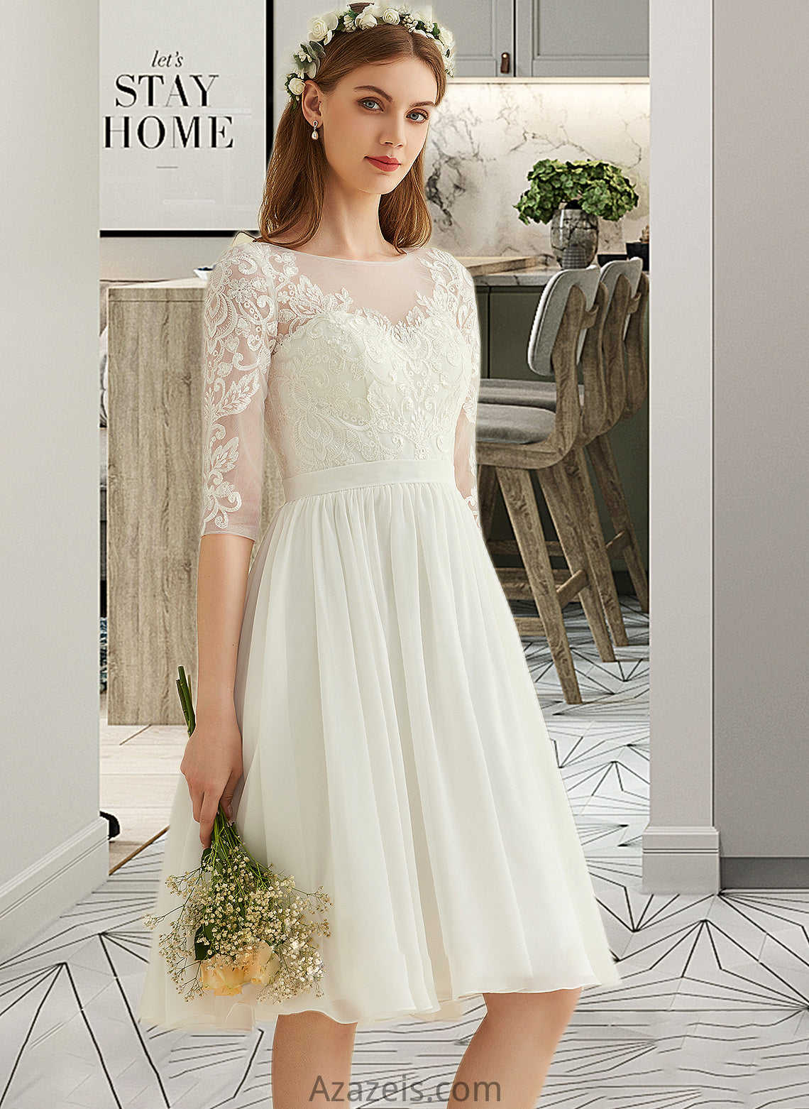 Dalia A-Line Knee-Length Chiffon Lace Wedding Dress With Sequins DFP0013689