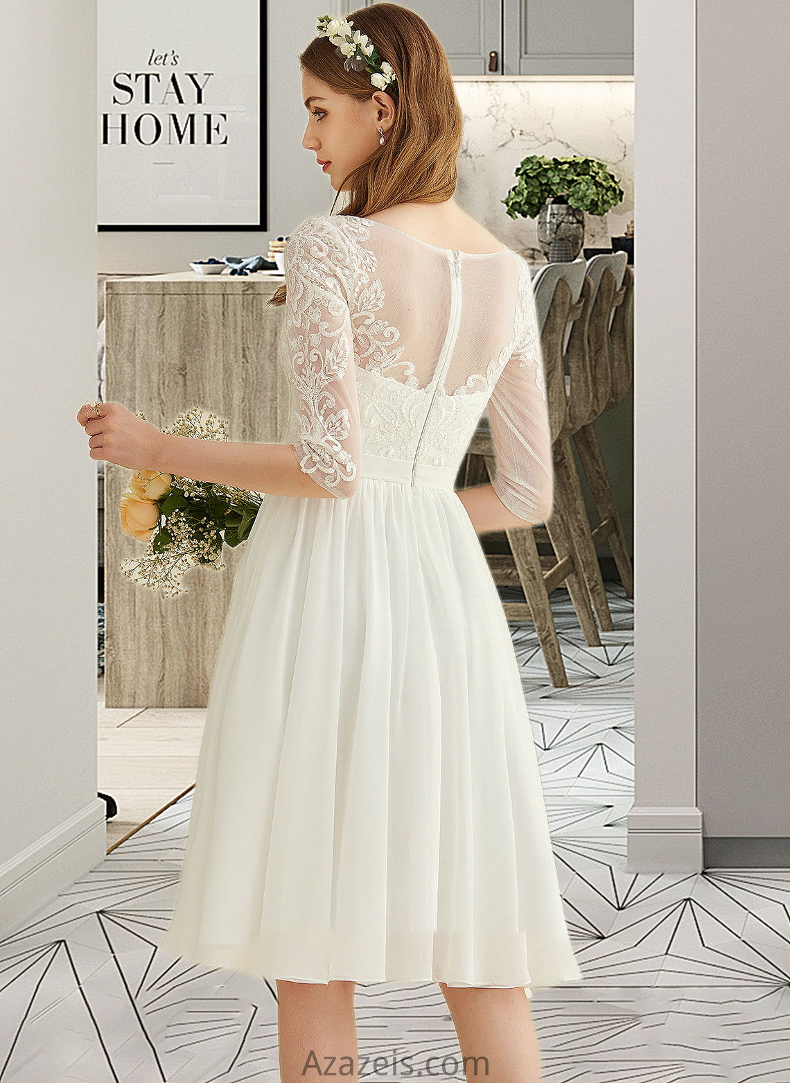 Dalia A-Line Knee-Length Chiffon Lace Wedding Dress With Sequins DFP0013689