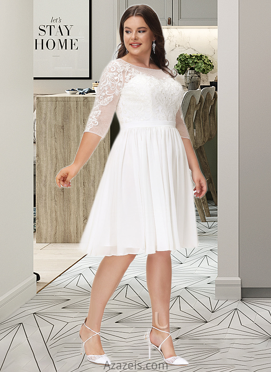 Dalia A-Line Knee-Length Chiffon Lace Wedding Dress With Sequins DFP0013689