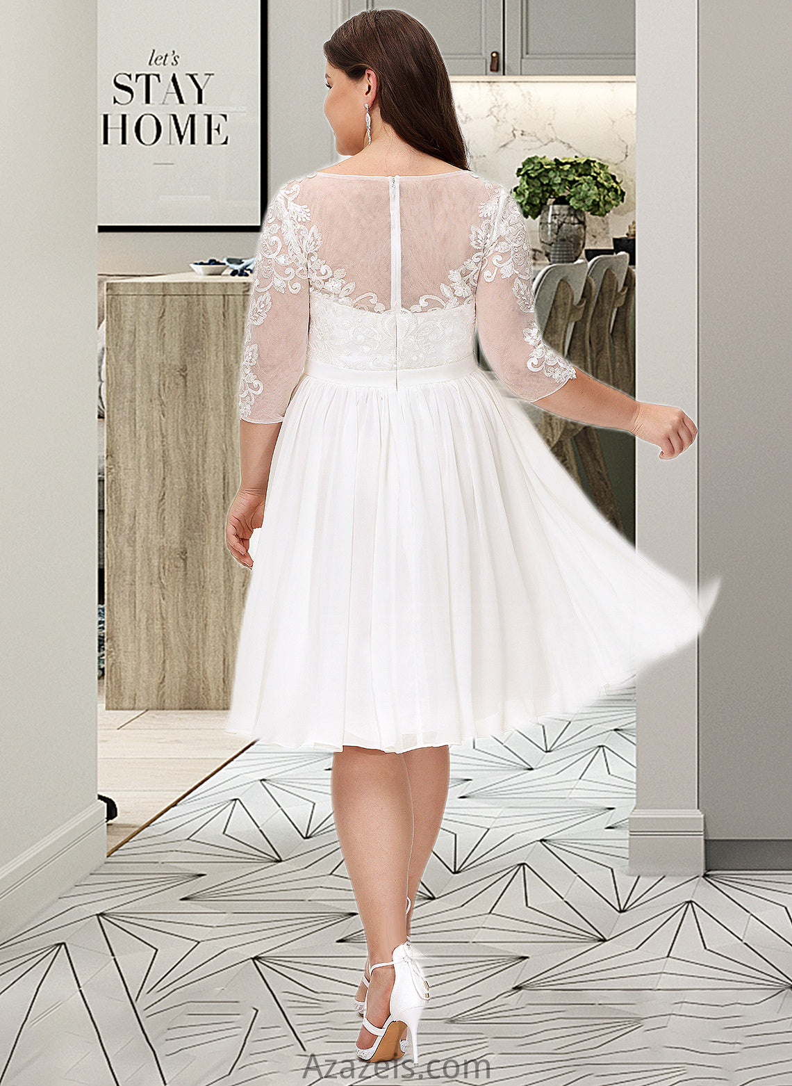 Dalia A-Line Knee-Length Chiffon Lace Wedding Dress With Sequins DFP0013689