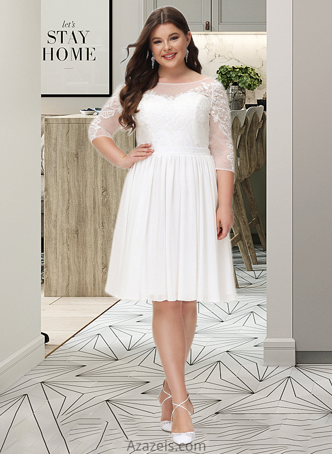 Dalia A-Line Knee-Length Chiffon Lace Wedding Dress With Sequins DFP0013689