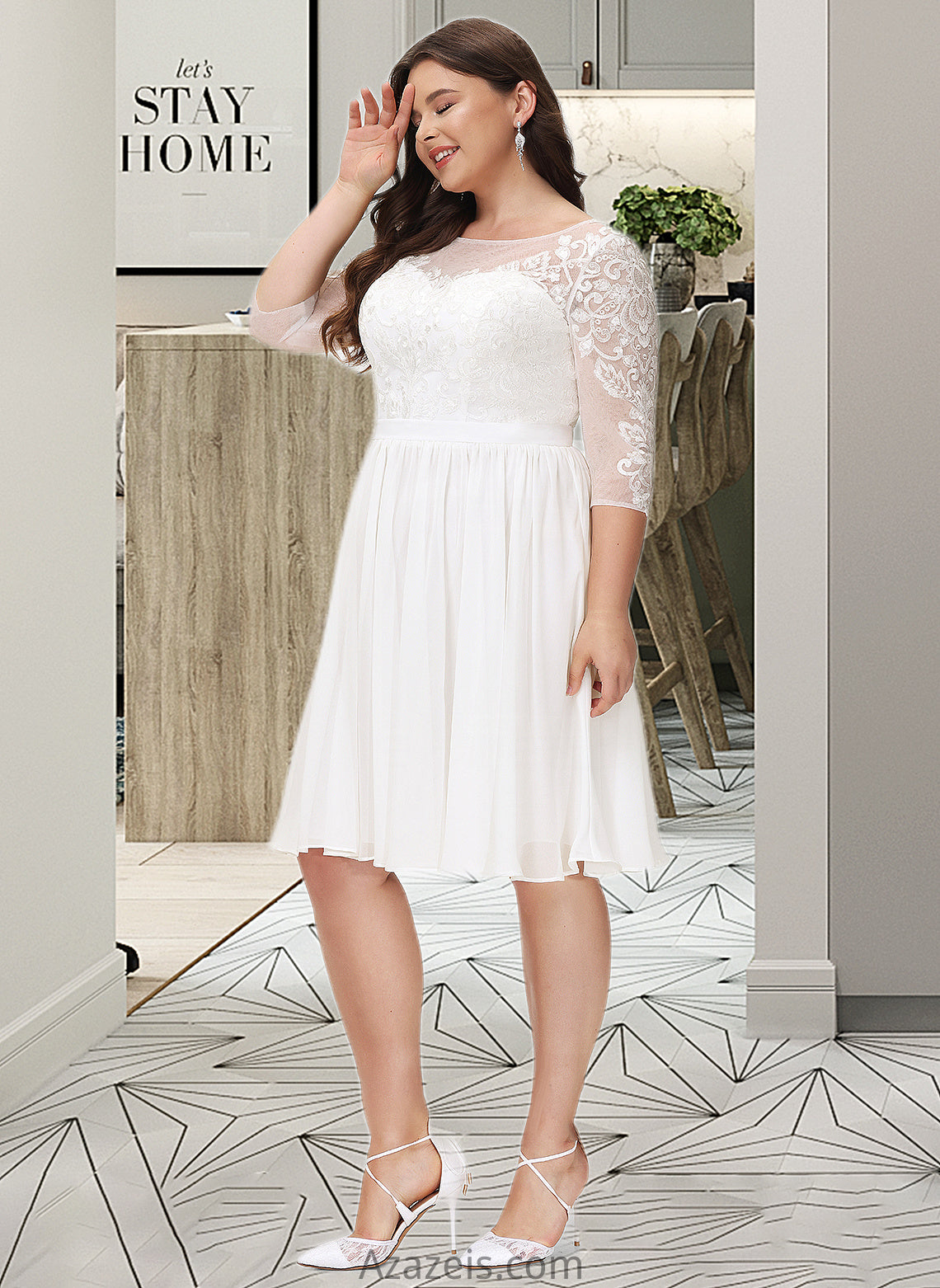 Dalia A-Line Knee-Length Chiffon Lace Wedding Dress With Sequins DFP0013689