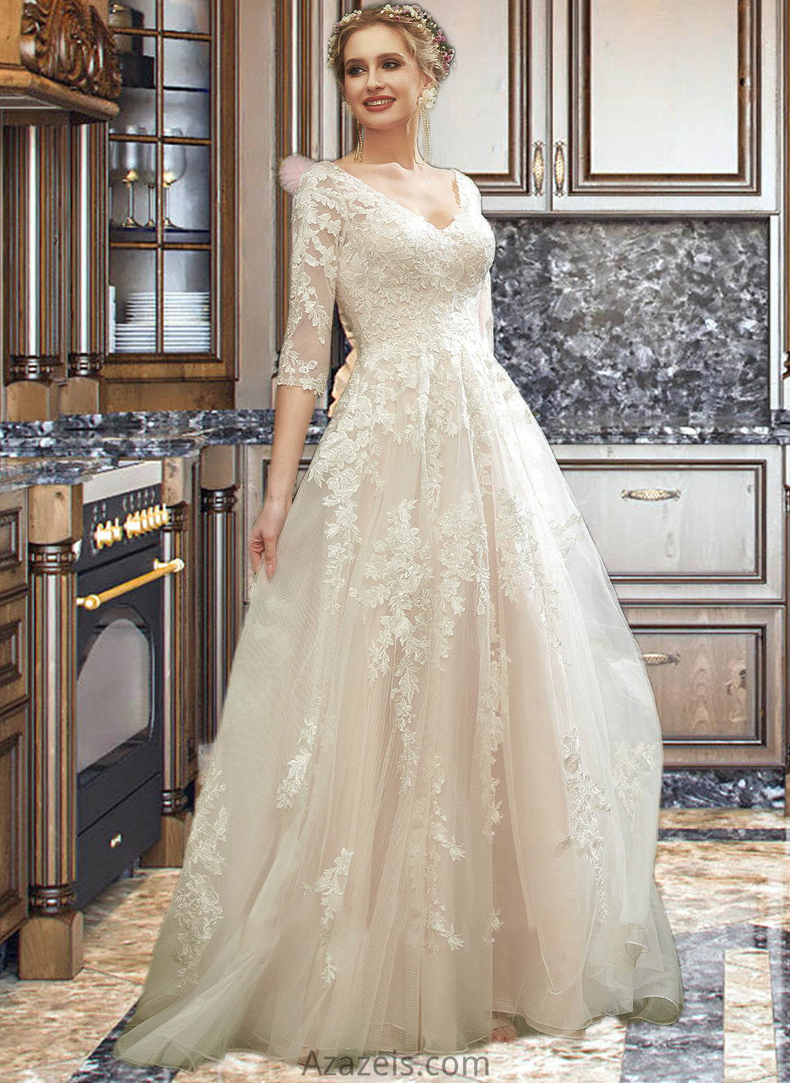 Myla A-Line V-neck Court Train Wedding Dress With Sequins DFP0013690