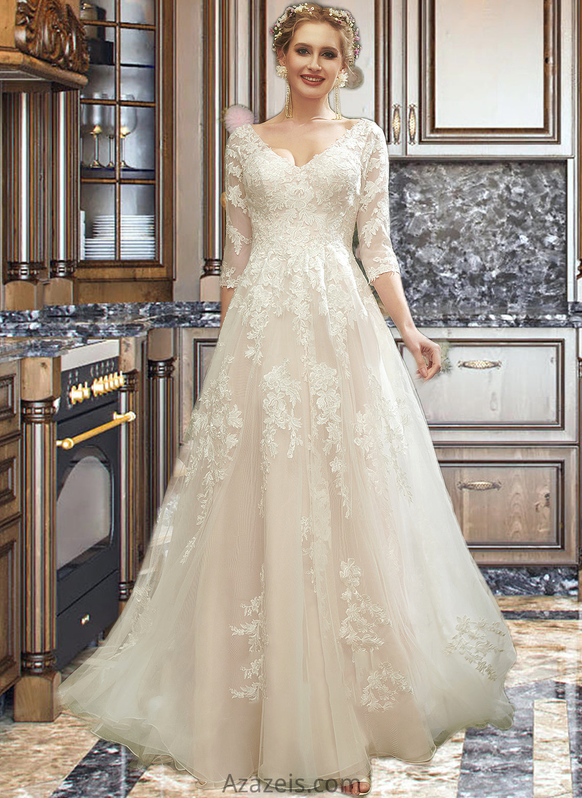 Myla A-Line V-neck Court Train Wedding Dress With Sequins DFP0013690