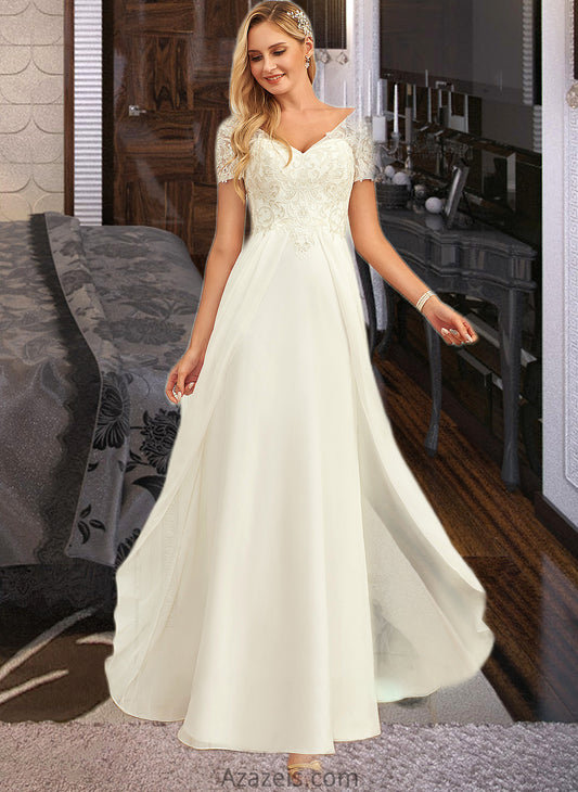 Aubree A-Line V-neck Floor-Length Chiffon Lace Wedding Dress With Lace DFP0013691
