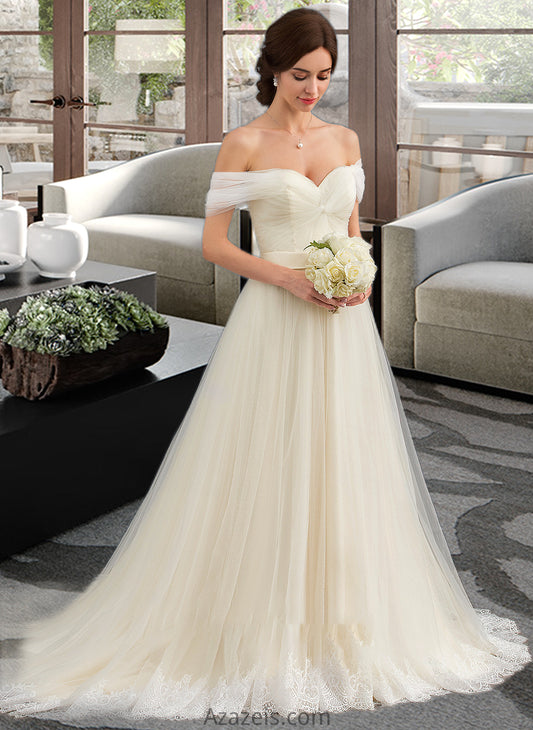 Juliette Ball-Gown/Princess Off-the-Shoulder Court Train Tulle Lace Wedding Dress With Ruffle DFP0013692