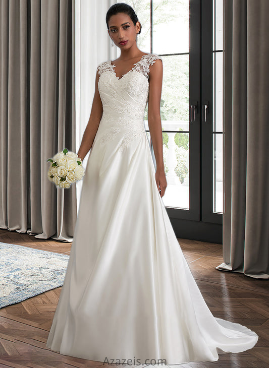 Alanna Ball-Gown/Princess V-neck Sweep Train Satin Wedding Dress With Ruffle Beading Sequins DFP0013693