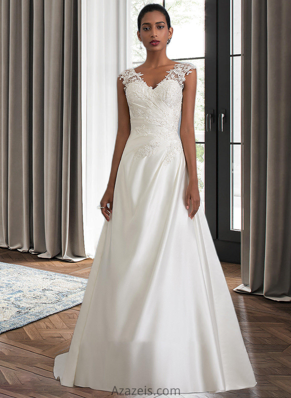 Alanna Ball-Gown/Princess V-neck Sweep Train Satin Wedding Dress With Ruffle Beading Sequins DFP0013693