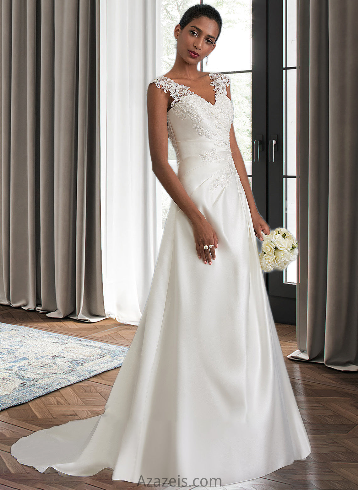 Alanna Ball-Gown/Princess V-neck Sweep Train Satin Wedding Dress With Ruffle Beading Sequins DFP0013693