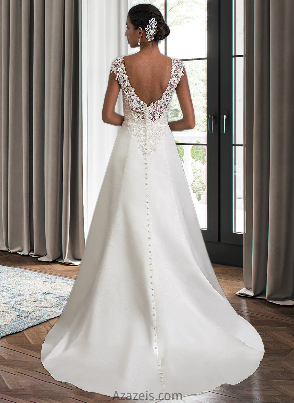 Alanna Ball-Gown/Princess V-neck Sweep Train Satin Wedding Dress With Ruffle Beading Sequins DFP0013693