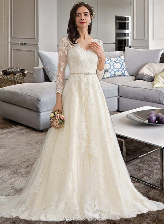 Damaris Ball-Gown/Princess V-neck Chapel Train Tulle Wedding Dress With Beading Sequins DFP0013695