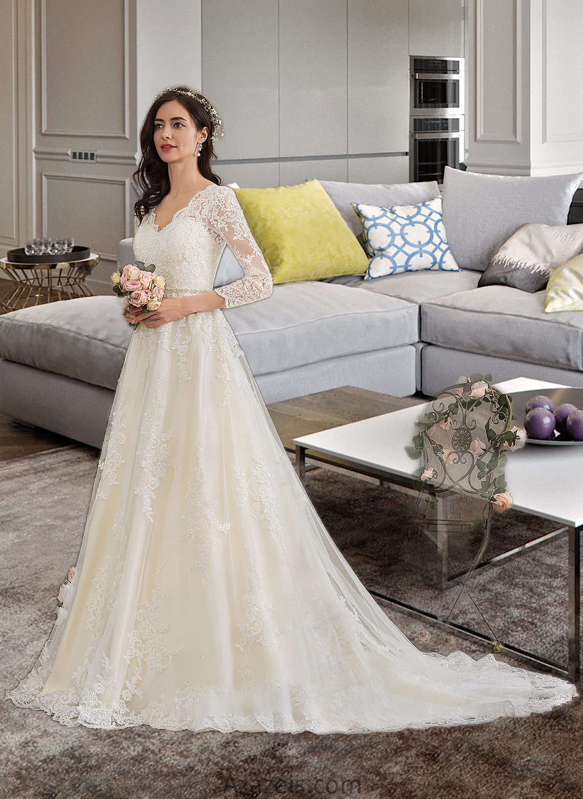 Damaris Ball-Gown/Princess V-neck Chapel Train Tulle Wedding Dress With Beading Sequins DFP0013695