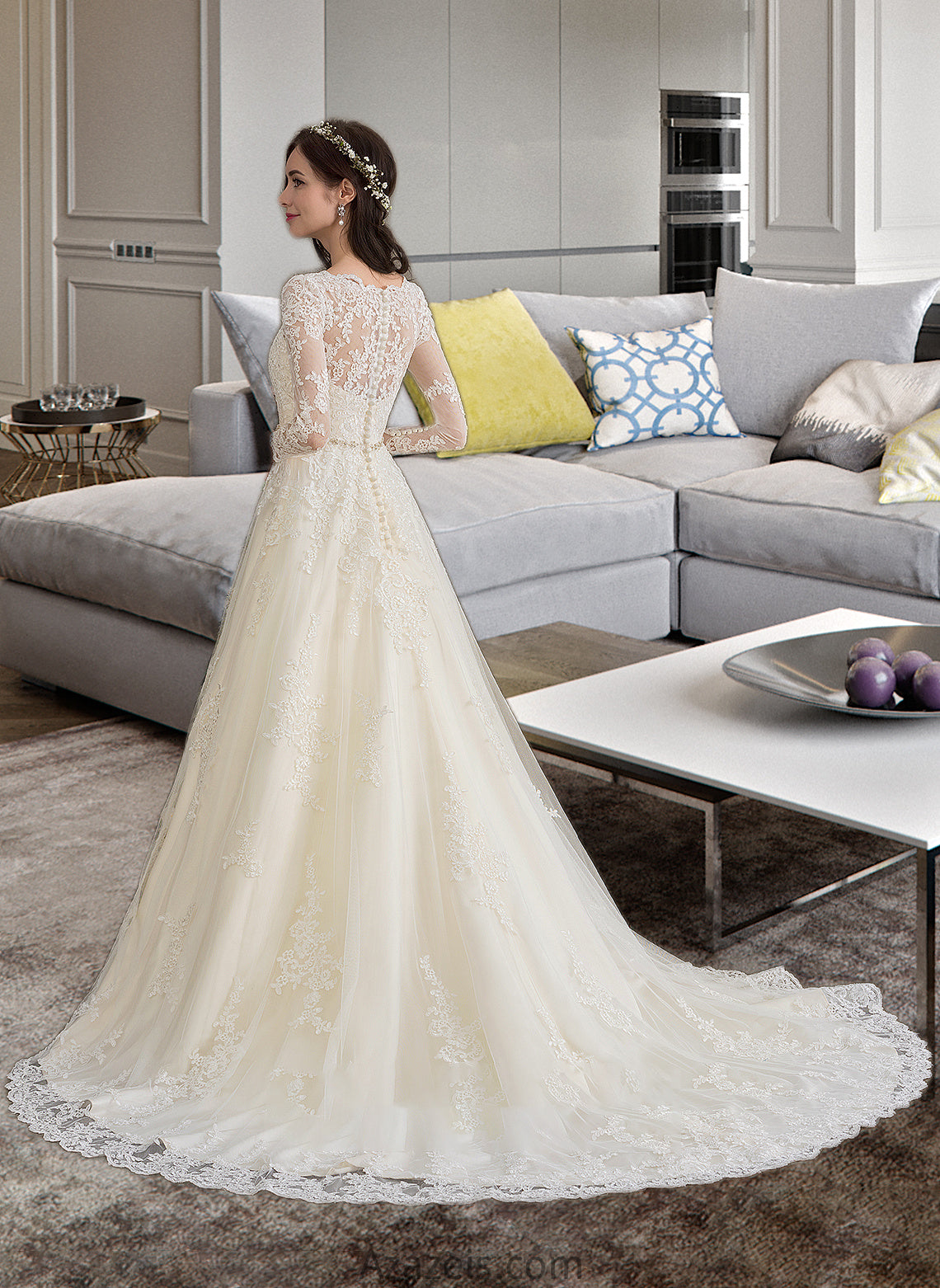 Damaris Ball-Gown/Princess V-neck Chapel Train Tulle Wedding Dress With Beading Sequins DFP0013695