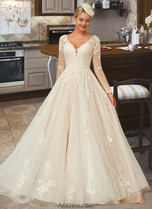 Justice Ball-Gown/Princess V-neck Sweep Train Tulle Lace Wedding Dress DFP0013698