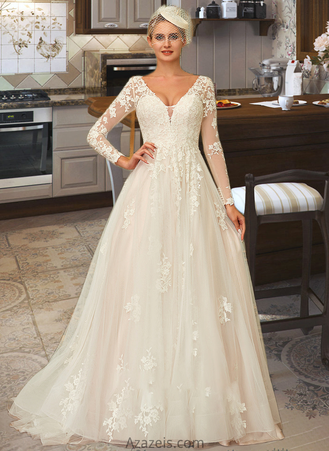 Justice Ball-Gown/Princess V-neck Sweep Train Tulle Lace Wedding Dress DFP0013698