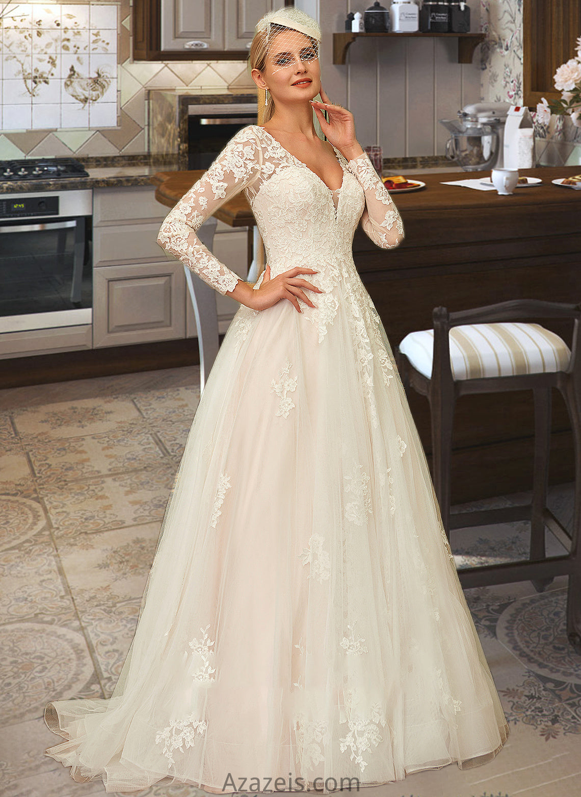 Justice Ball-Gown/Princess V-neck Sweep Train Tulle Lace Wedding Dress DFP0013698