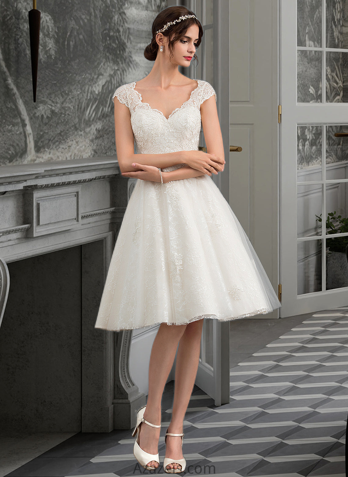 Kamila A-Line V-neck Knee-Length Tulle Lace Wedding Dress DFP0013700