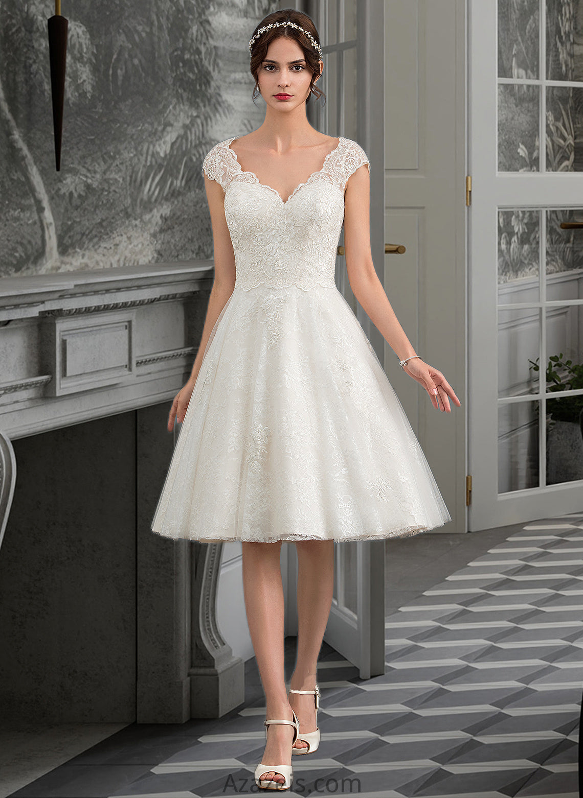 Kamila A-Line V-neck Knee-Length Tulle Lace Wedding Dress DFP0013700