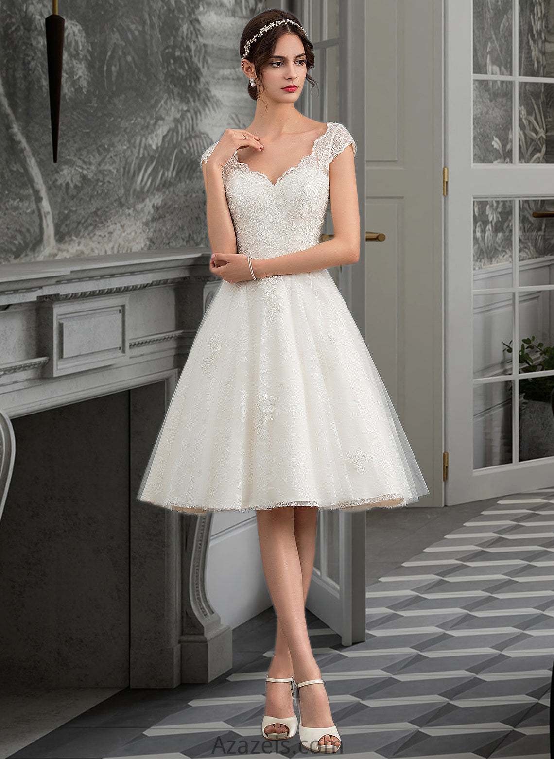 Kamila A-Line V-neck Knee-Length Tulle Lace Wedding Dress DFP0013700