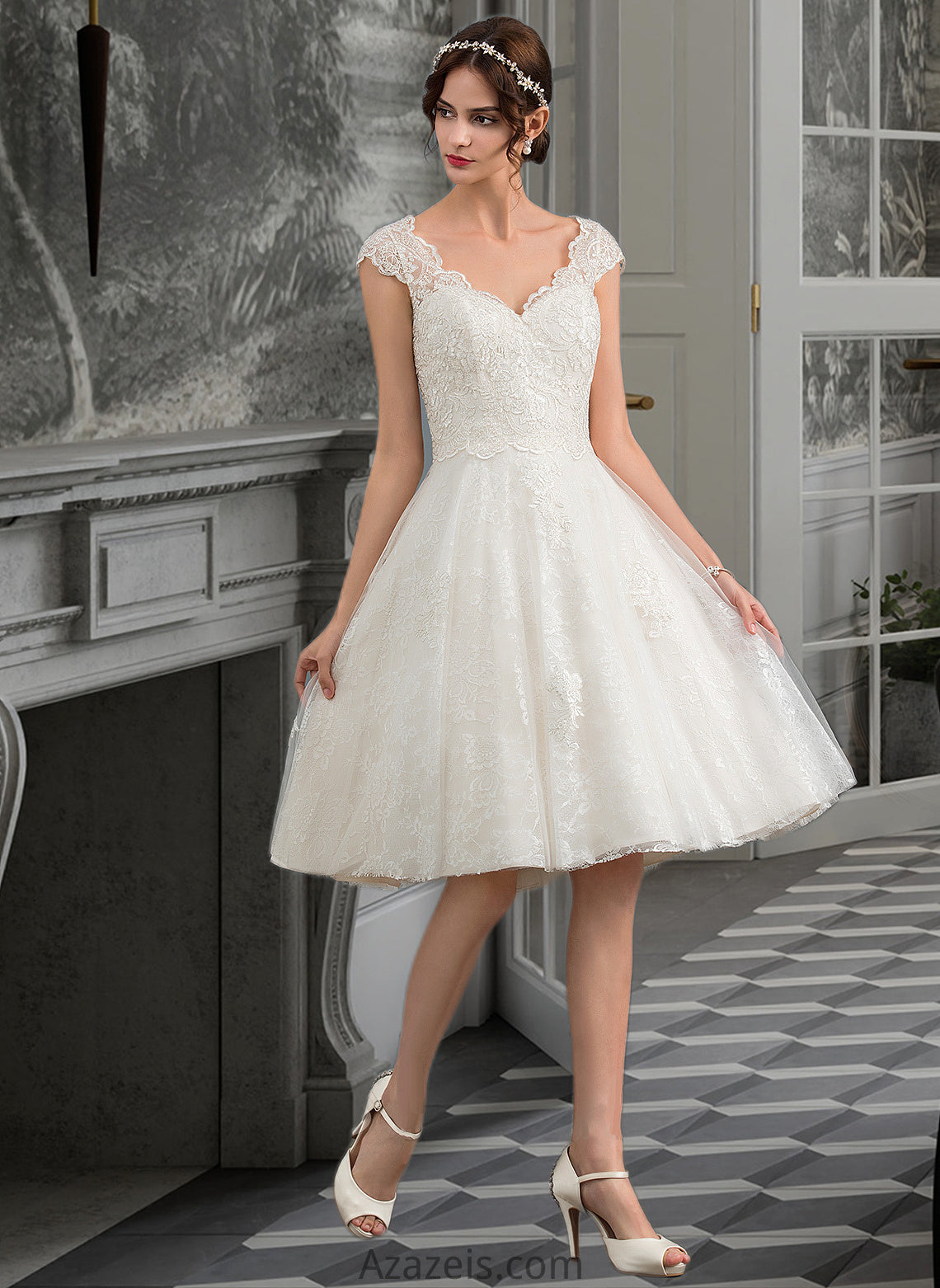 Kamila A-Line V-neck Knee-Length Tulle Lace Wedding Dress DFP0013700