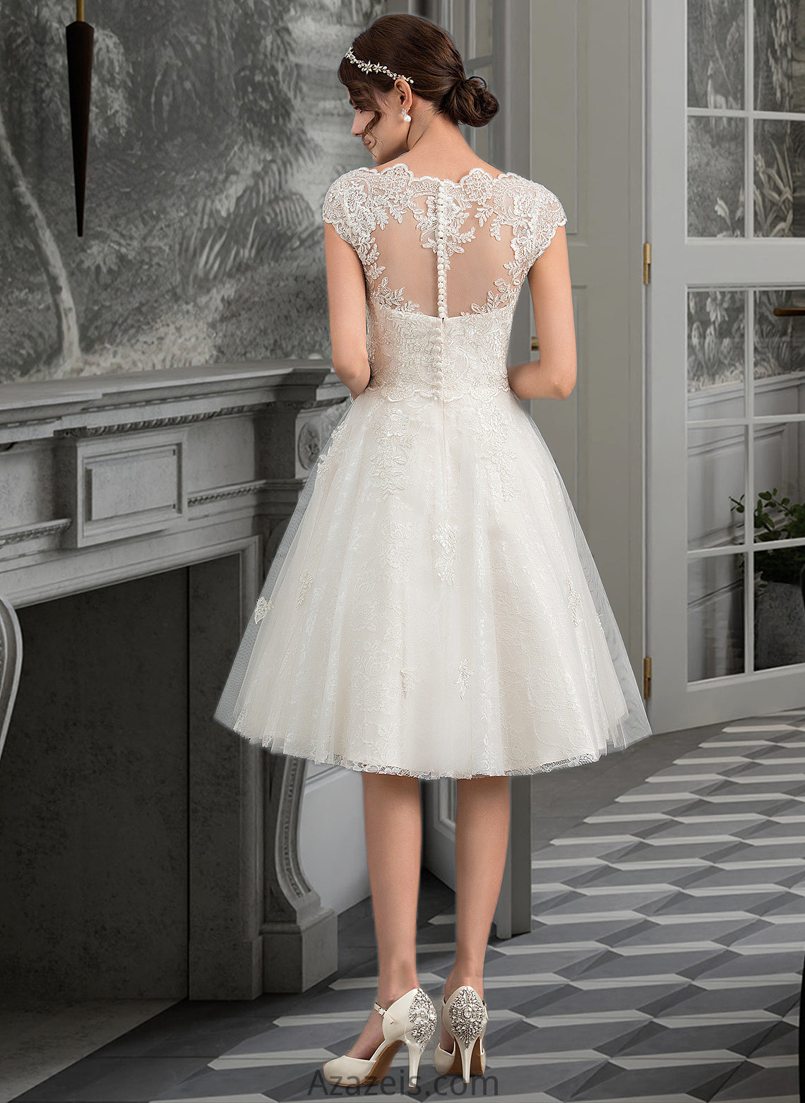 Kamila A-Line V-neck Knee-Length Tulle Lace Wedding Dress DFP0013700