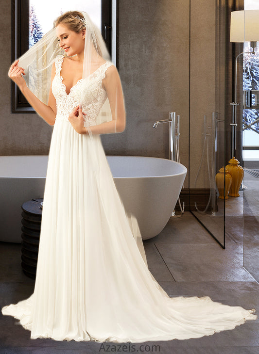 Emmy A-Line V-neck Court Train Chiffon Wedding Dress DFP0013701