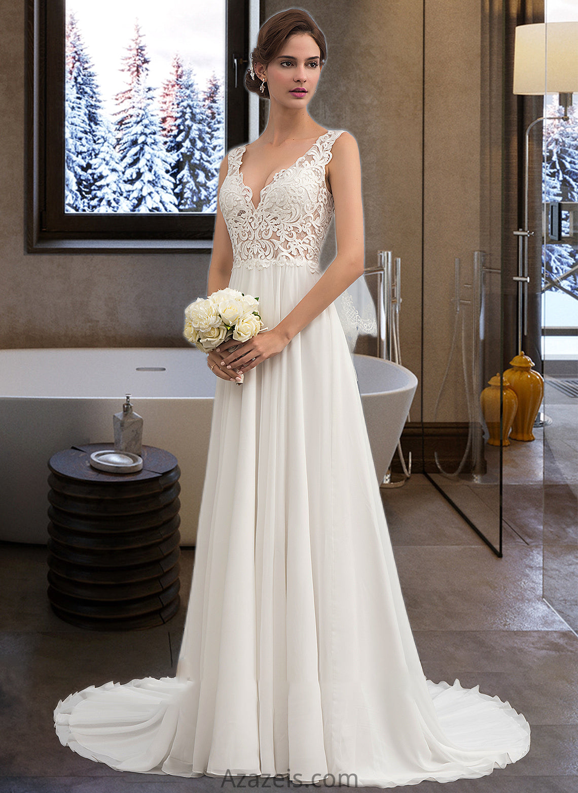 Emmy A-Line V-neck Court Train Chiffon Wedding Dress DFP0013701