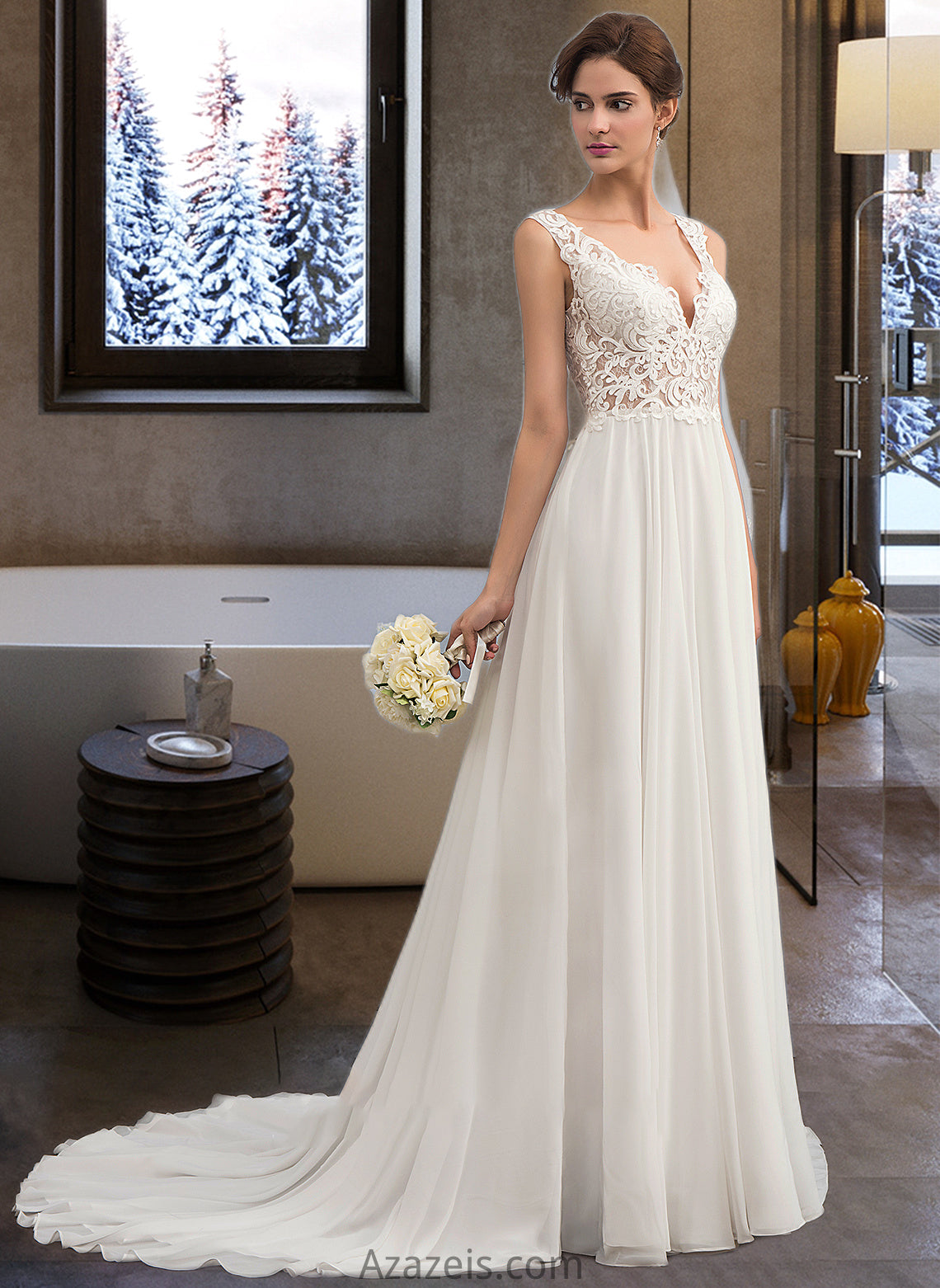 Emmy A-Line V-neck Court Train Chiffon Wedding Dress DFP0013701