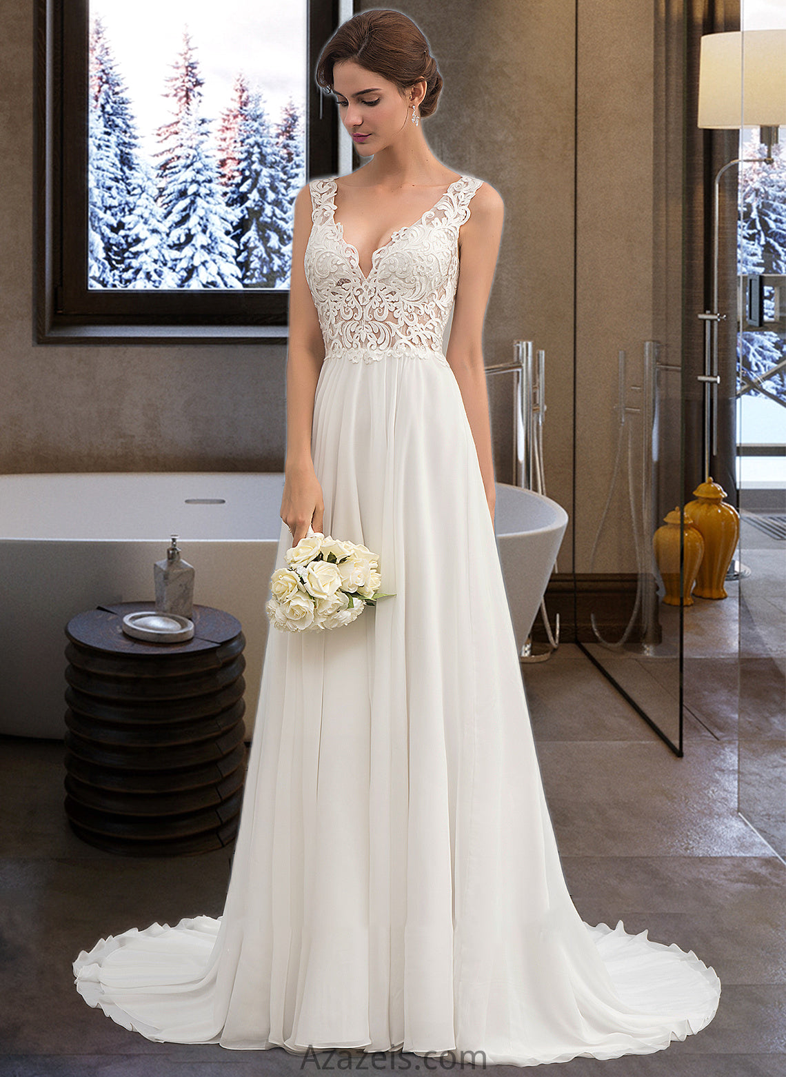 Emmy A-Line V-neck Court Train Chiffon Wedding Dress DFP0013701