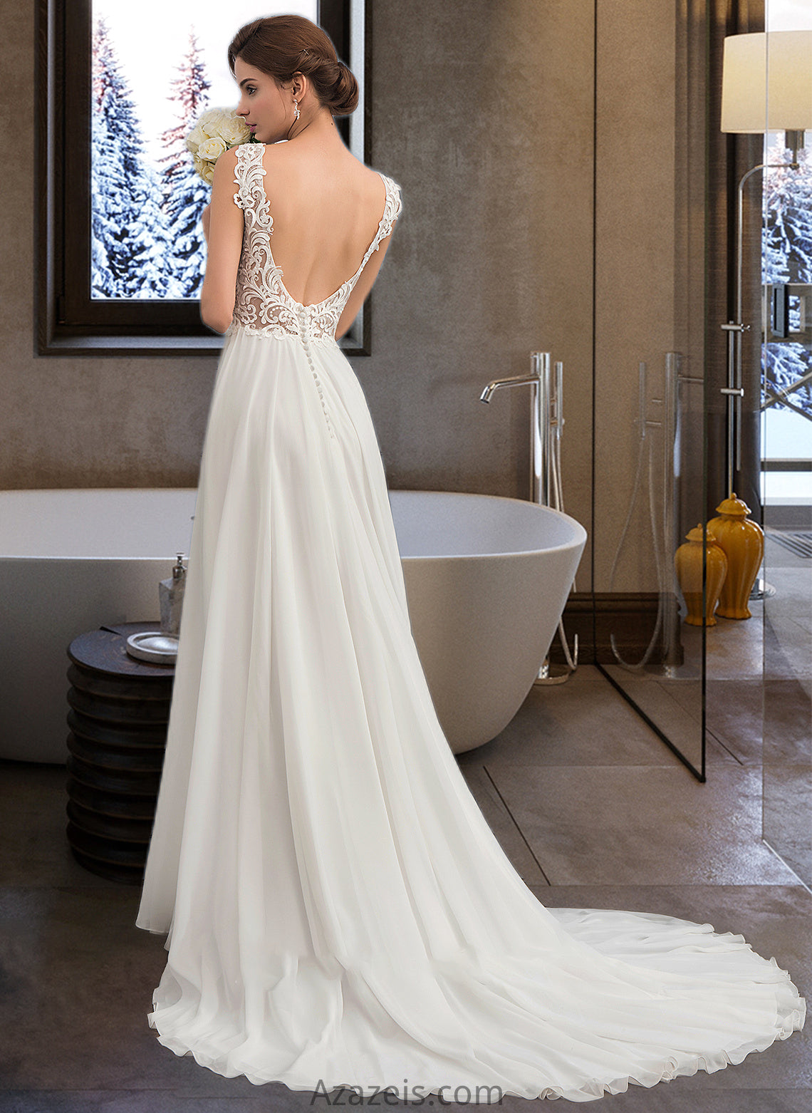 Emmy A-Line V-neck Court Train Chiffon Wedding Dress DFP0013701