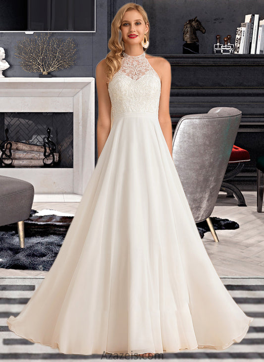 Jade A-Line High Neck Floor-Length Chiffon Wedding Dress DFP0013702