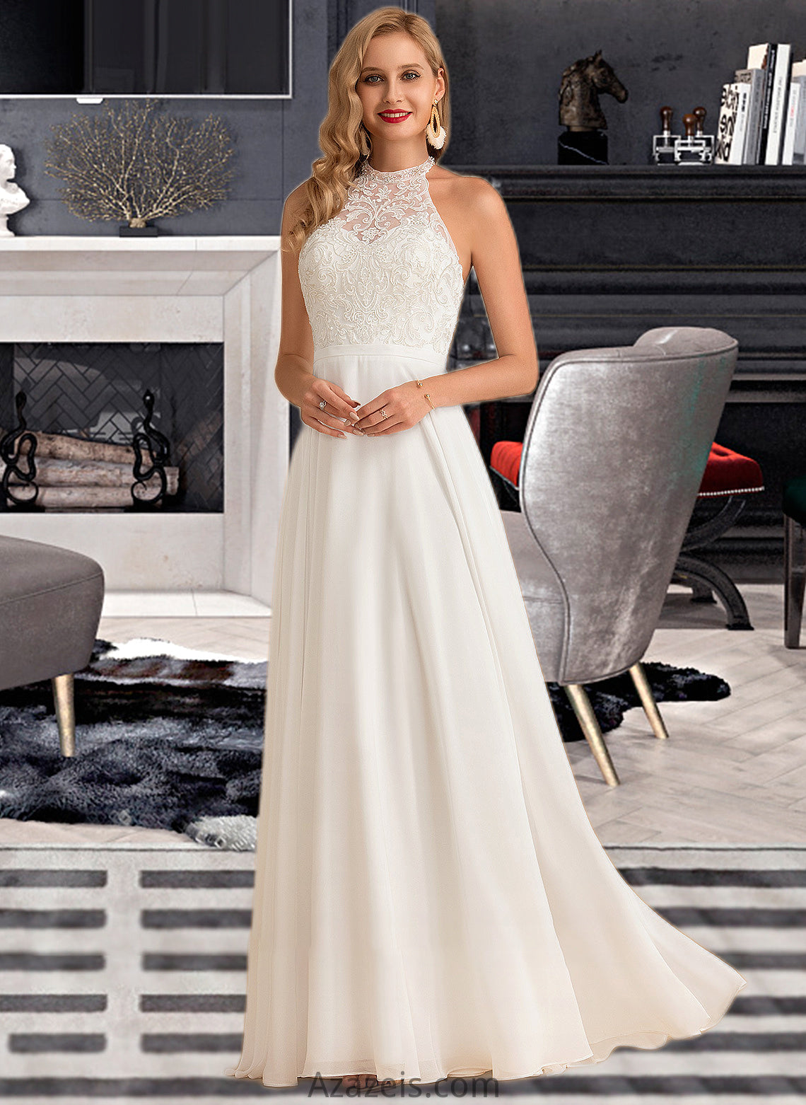 Jade A-Line High Neck Floor-Length Chiffon Wedding Dress DFP0013702