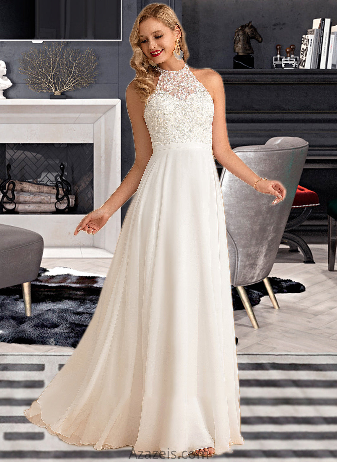 Jade A-Line High Neck Floor-Length Chiffon Wedding Dress DFP0013702