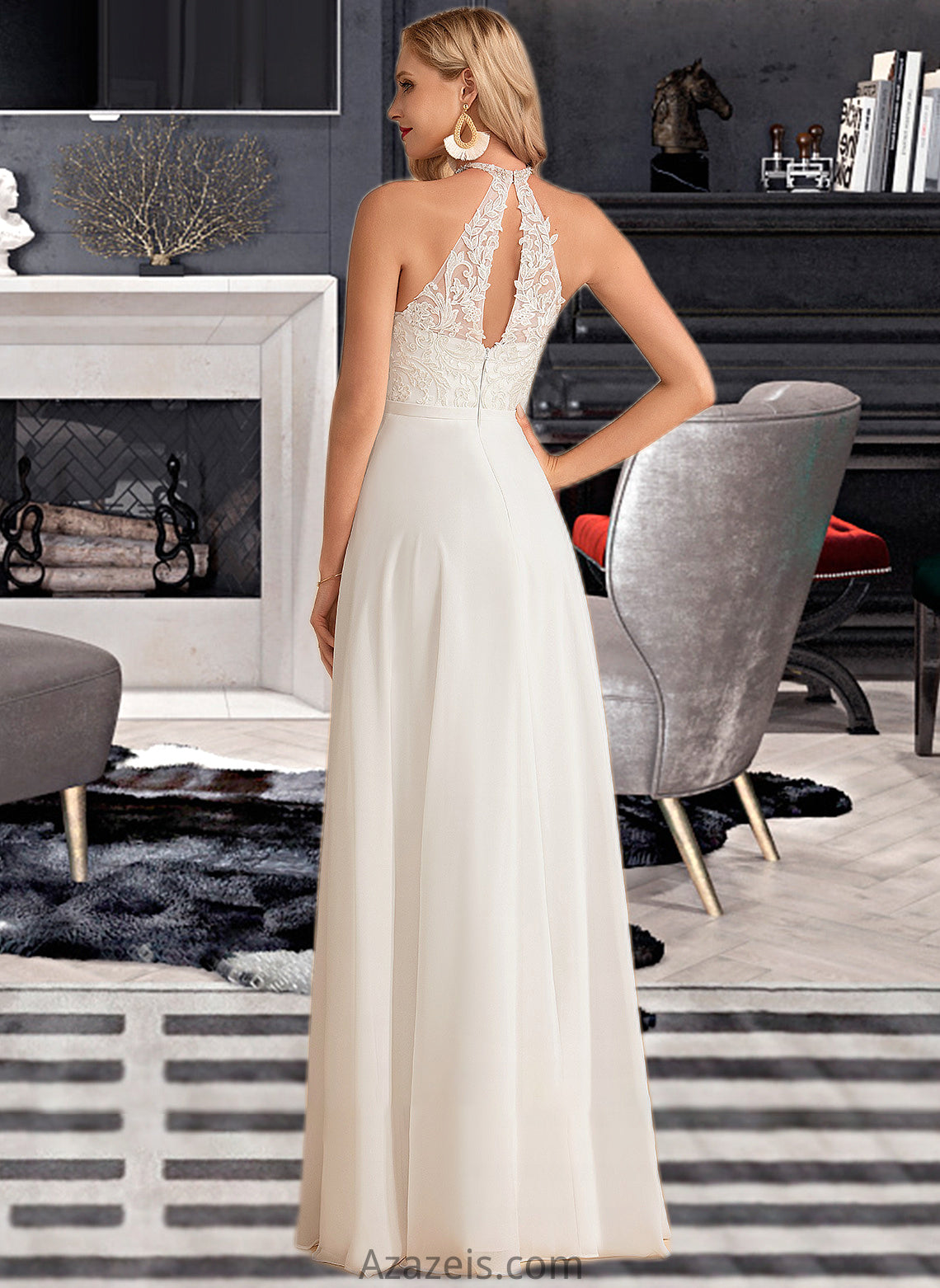 Jade A-Line High Neck Floor-Length Chiffon Wedding Dress DFP0013702