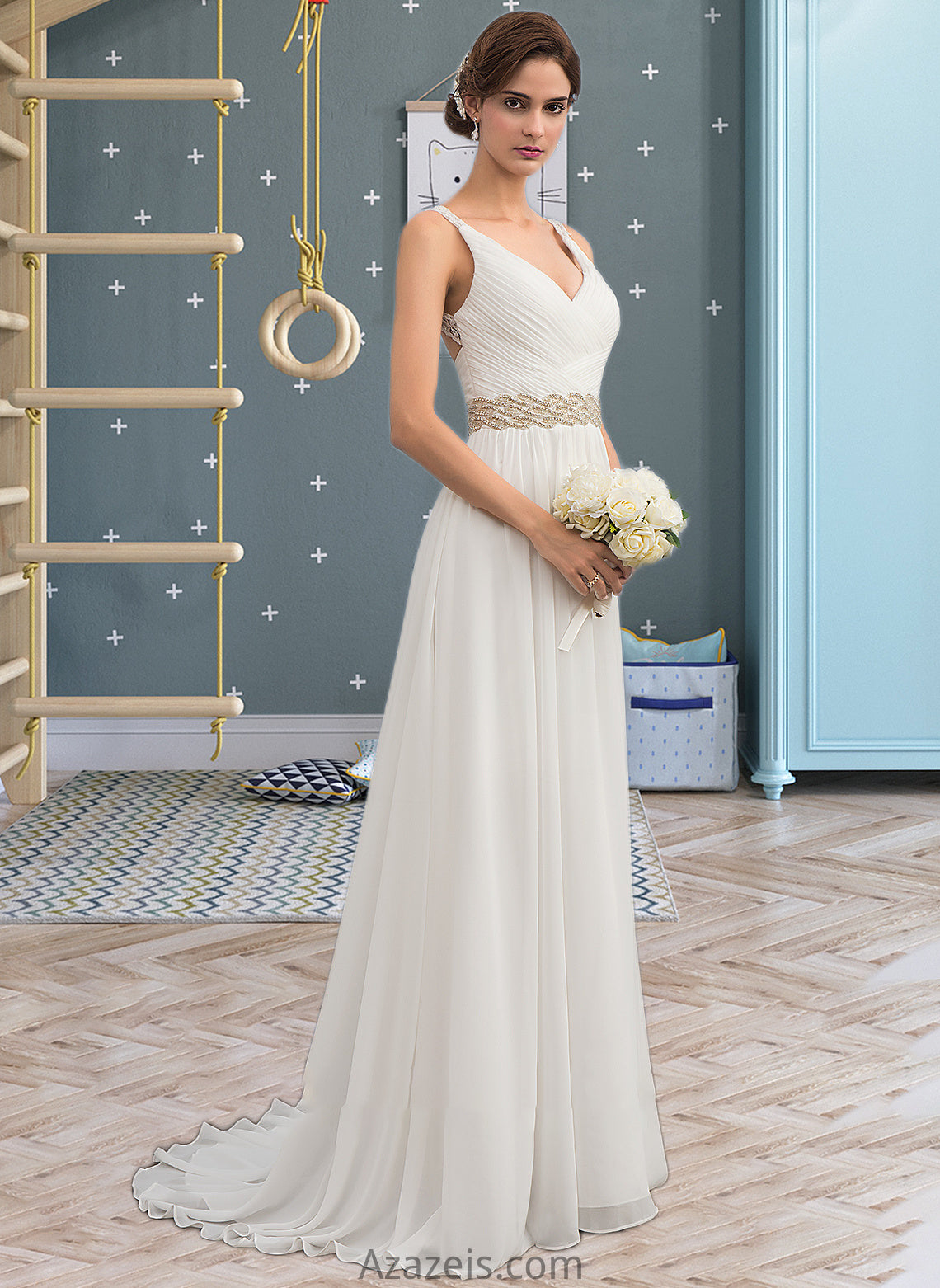 Kathryn A-Line V-neck Sweep Train Chiffon Wedding Dress With Ruffle Lace Beading Sequins DFP0013705