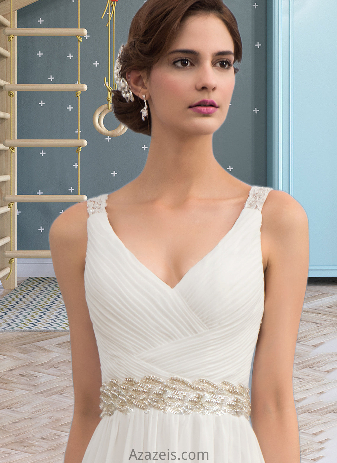 Kathryn A-Line V-neck Sweep Train Chiffon Wedding Dress With Ruffle Lace Beading Sequins DFP0013705