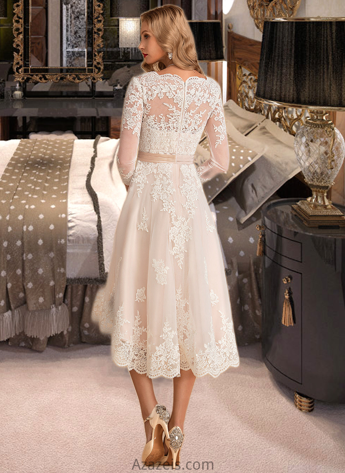 Liz A-Line V-neck Asymmetrical Satin Tulle Lace Wedding Dress DFP0013706
