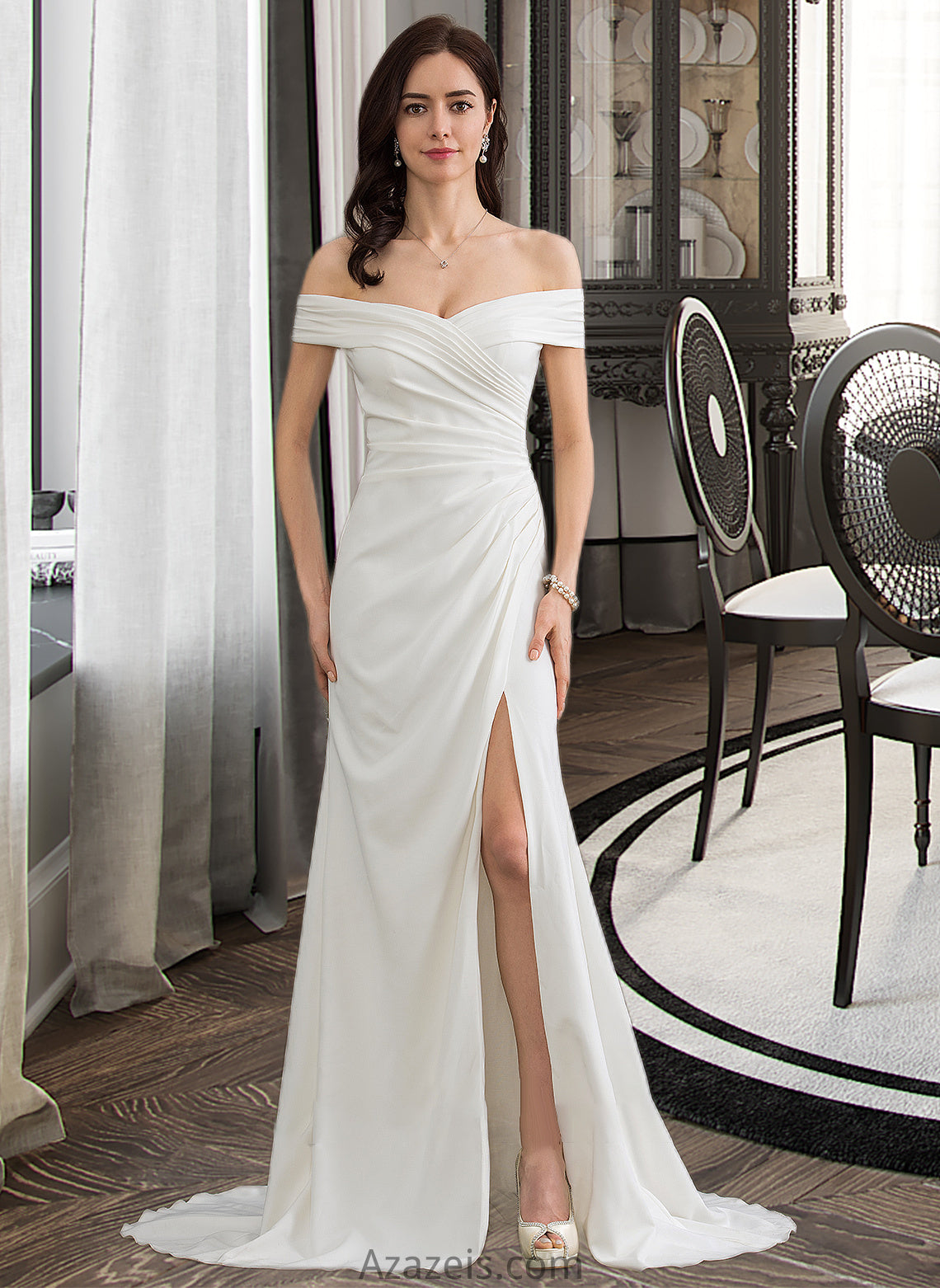 Kaiya Sheath/Column Off-the-Shoulder Sweep Train Stretch Crepe Wedding Dress With Ruffle Split Front DFP0013707