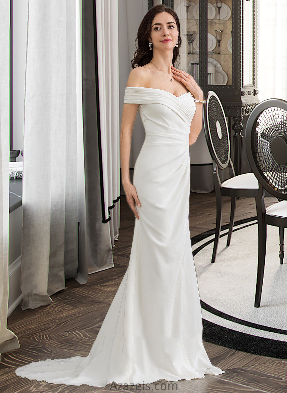 Kaiya Sheath/Column Off-the-Shoulder Sweep Train Stretch Crepe Wedding Dress With Ruffle Split Front DFP0013707