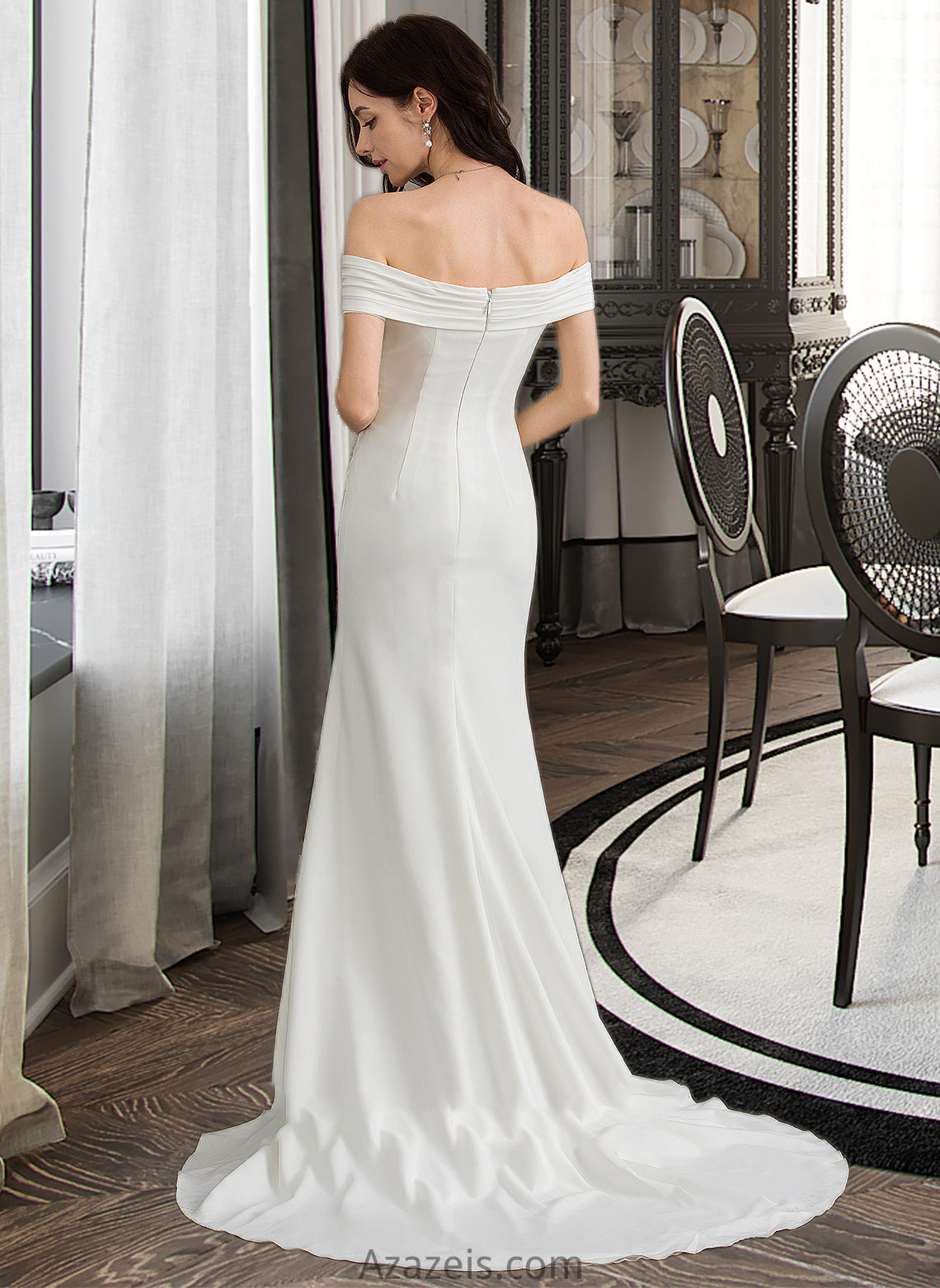 Kaiya Sheath/Column Off-the-Shoulder Sweep Train Stretch Crepe Wedding Dress With Ruffle Split Front DFP0013707